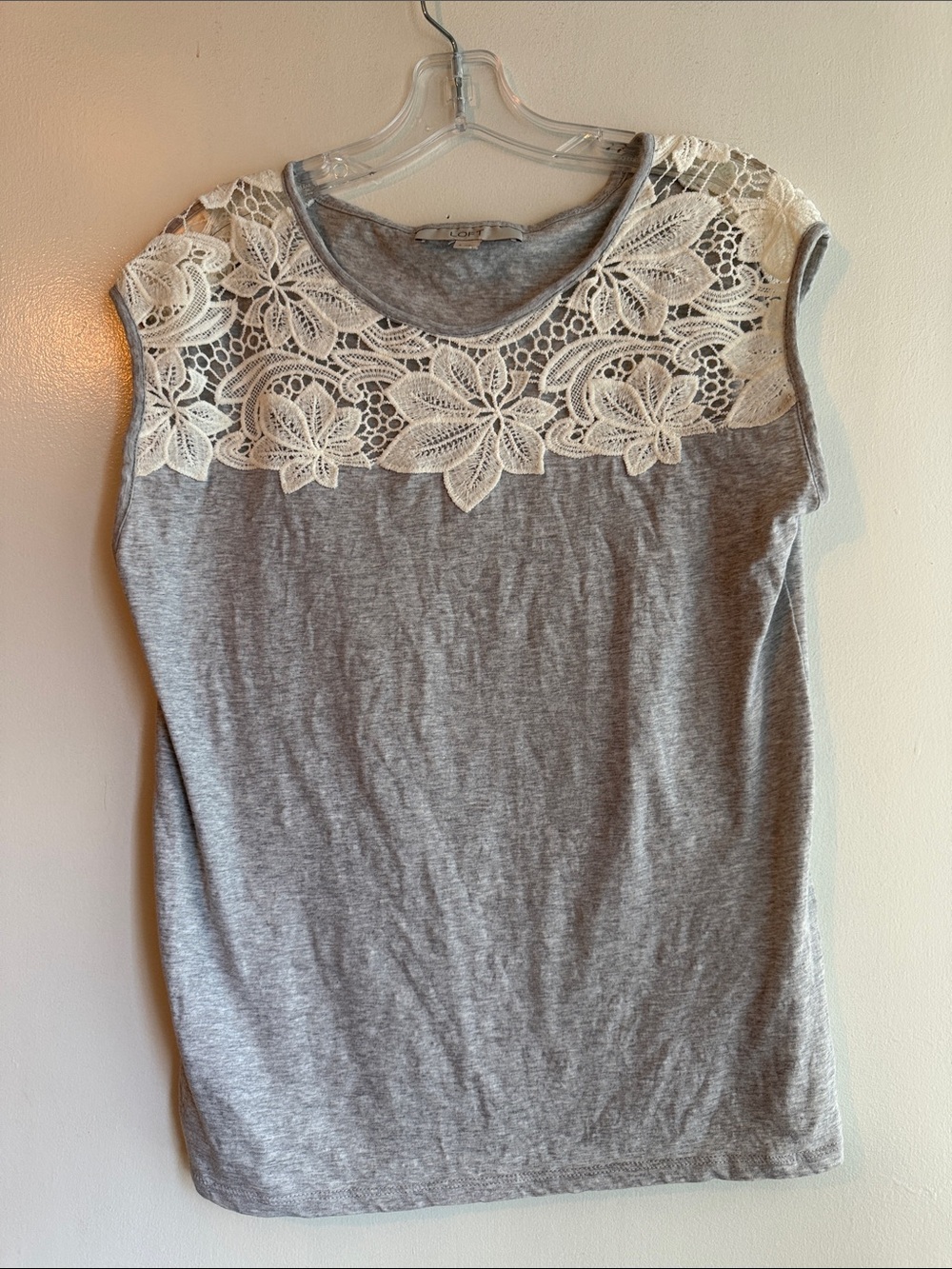 LOFT Gray Tank with Cream Floral Lace detailing. Small